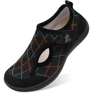 👑Women's Slippers Black Knit Adjustable Arthritis House Shoes Hook and Loop